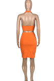 Orange Sexy Solid Patchwork Backless Asymmetrical Sleeveless Two Pieces Halter Crop Tops And Skirt Sets