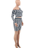 Black Casual Striped Print Patchwork Asymmetrical Collar Plus Size Two Pieces