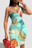 Небесно-голубое модное сексуальное платье с жилетом больших размеров с принтом и U-образным вырезом