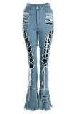 Голубые сексуальные уличные однотонные рваные джинсы в стиле пэчворк с высокой талией и джинсовыми ботфортами