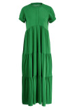 Зеленые повседневные однотонные платья в стиле пэчворк со складками и круглым вырезом