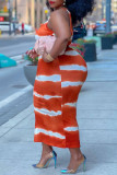 Tangerine Casual Striped Print Patchwork Spaghetti Strap Sling Dress Robes de grande taille (sans ceinture)