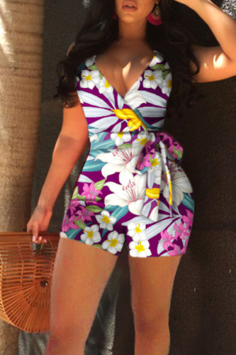 Purple Casual Print Patchwork Backless Regular Rompers