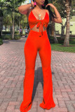 Rose Red Sexy Casual Solid Bandage Uitgeholde Backless Spaghetti Band Skinny Jumpsuits