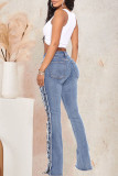 Baby Blue Sexy Solid Hollowed Out Patchwork High Waist Ripped Denim Jeans
