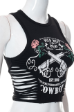 Black Sexy Print Hollowed Out O Neck Tops