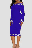 Blue Elegant Print Patchwork Off the Shoulder One Step Skirt Dresses