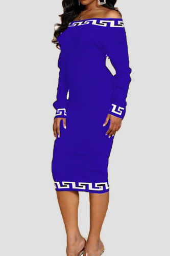 Blue Elegant Print Split Joint Off the Shoulder One Step Skirt Dresses