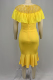 Yellow Work Solid Patchwork Flounce Asymmetrical O Neck Dresses