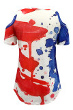 Rood blauw mode casual print uitgeholde V-hals T-shirts