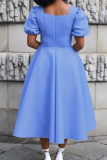 Светло-голубое элегантное однотонное вечернее платье с квадратным воротником в стиле пэчворк Платья