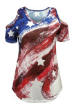 Red Fashion Casual Print Hollowed Out V Neck T-Shirts