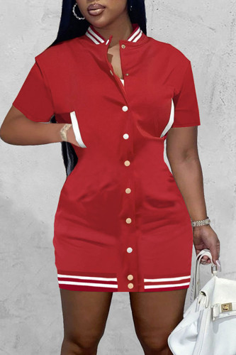 Red Casual Solid Split Joint Pocket Buckle Dresses