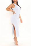 ホワイト ファッション カジュアル ソリッド スリット O ネック ノースリーブ ドレス