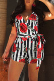 White Red Casual Print Patchwork Backless Regular Rompers
