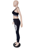 Black Casual Sportswear Letter Print Vests Pants U Neck Sleeveless Two Pieces