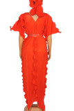 Tangerine Elegant Solid Patchwork Flounce With Belt V Neck One Step Skirt Dresses