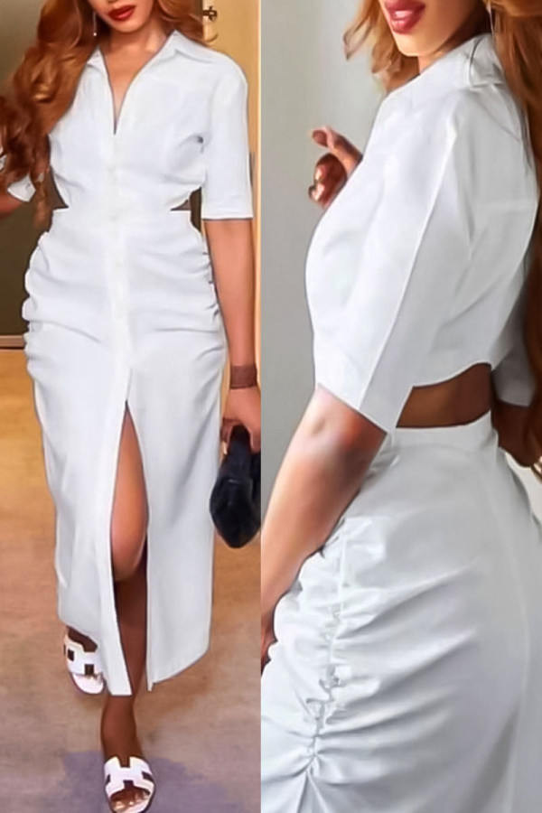 White Casual Solid Hollowed Out Patchwork Buckle Backless Turndown Collar Shirt Dress Dresses