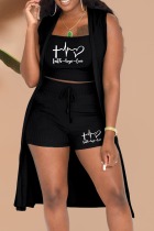 Black Fashion Print Patchwork Cardigan Collar Sleeveless Three Pieces