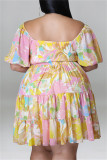 Pink Fashion Casual Plus Size Print Patchwork O Neck Short Sleeve Dress