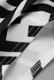 Estampado casual en blanco y negro asimétrico medio cuello alto manga larga dos piezas