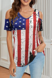 Red Blue Fashion Casual Print Hollowed Out V Neck T-Shirts