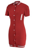 Rode casual effen patchwork-jurken met zakgesp