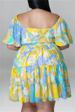 Синее модное повседневное платье больших размеров в стиле пэчворк с круглым вырезом и коротким рукавом