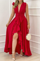 Robes de robe irrégulières à col en V et bandage solide rouge sexy