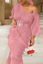 ピンクのエレガントなソリッドパッチワークフラウンスベルトVネックワンステップスカートドレス