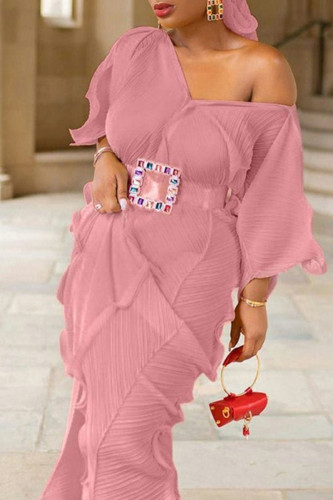 Pink Elegant Solid Split Joint Flounce With Belt V Neck One Step Skirt Dresses