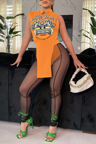 Tangerine Red Sexy Print Patchwork See-through Slit Asymmetrical V Neck Sleeveless Two Pieces