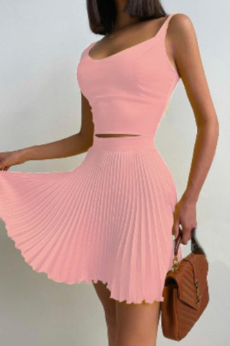 Pink Casual Print Patchwork Fold U Neck Two Pieces