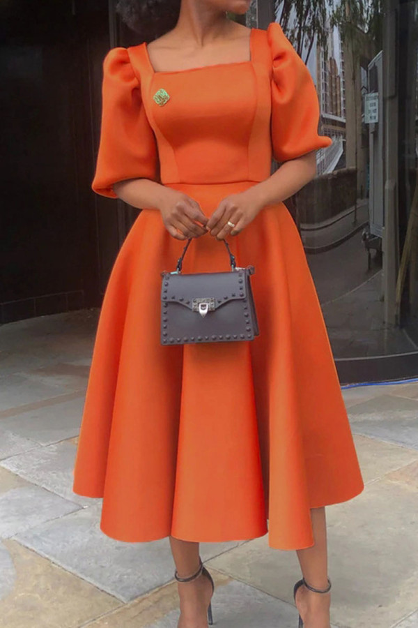 Tangerine Elegant Solid Patchwork Kvadratklänning med fyrkantig krage