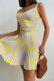 Yellow Casual Print Patchwork Fold U Neck Two Pieces