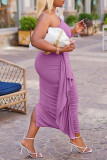Purple Casual Solid Patchwork Flounce Fold Asymmetrical Oblique Collar One Step Skirt Plus Size Dresses