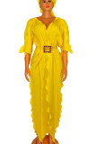 Vestidos de babados de retalhos sólidos amarelos elegantes com cinto decote em V