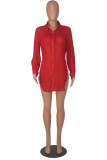 Red Casual Solid Patchwork Buckle See-through Turndown Collar Tops