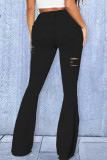 Black Fashion Casual Solid Ripped High Waist Boot Cut Denim Jeans