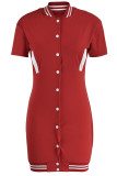 Rode casual effen patchwork-jurken met zakgesp