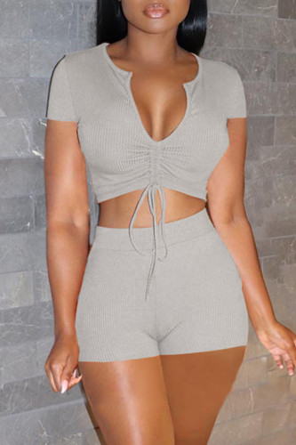 Grey Fashion Casual Solid Draw String Frenulum V Neck Short Sleeve Two Pieces