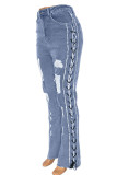 Babyblaue, sexy, solide, zerrissene, ausgehöhlte Patchwork-Denim-Jeans mit hoher Taille