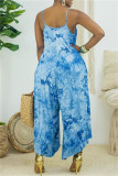 Wit Blauw Mode Casual Print Tie Dye Backless Spaghetti Band Regular Jumpsuits