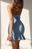 ブルーファッションプリントパッチワークストラップレストランペットマーメイドドレス