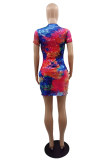 Multicolor Fashion Casual Print Tie Dye Basic O Neck Short Sleeve Dress