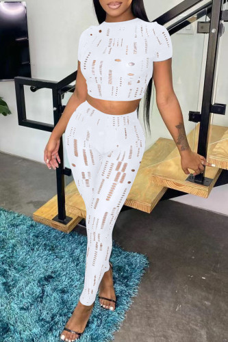 White Fashion Sexy Solid Ripped Hollowed Out O Neck Short Sleeve Two Pieces