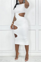 ホワイトファッションカジュアルソリッドくり抜かれたOネック半袖ドレス