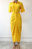 Vestido camisero con cuello vuelto sin espalda con hebilla de retazos ahuecado sólido informal amarillo Vestidos