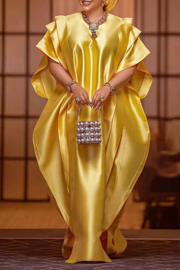 Goldgelbe elegante feste Patchwork-Volant-O-Ausschnitt-unregelmäßige Kleid-Kleider