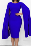 Vestidos de falda de un paso con cuello en O asimétrico con pliegues de patchwork sólido elegante azul real